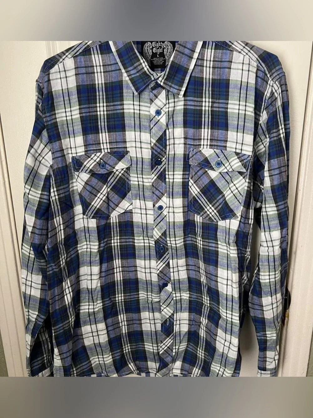 Men's Blue & White Plaid Button-Up Shirt